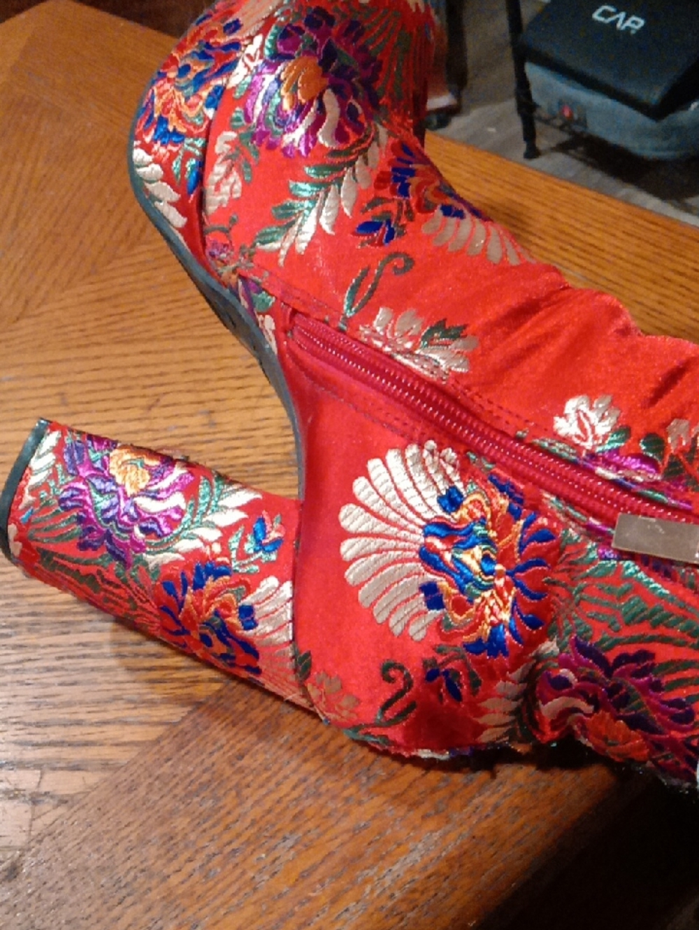 BAMBOO Red Floral Embroidered Block Heel Ankle Booties